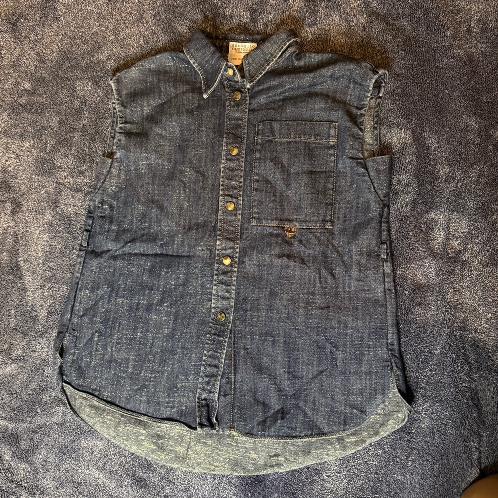 Brunello Cucinelli Gold Lame Denim Sleeveless Shirt 6